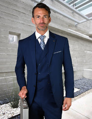 Mens 2 Button Slim Fit Wool Suit With Double Breasted Vest in Sapphire Blue - Men's Tuxedo USA