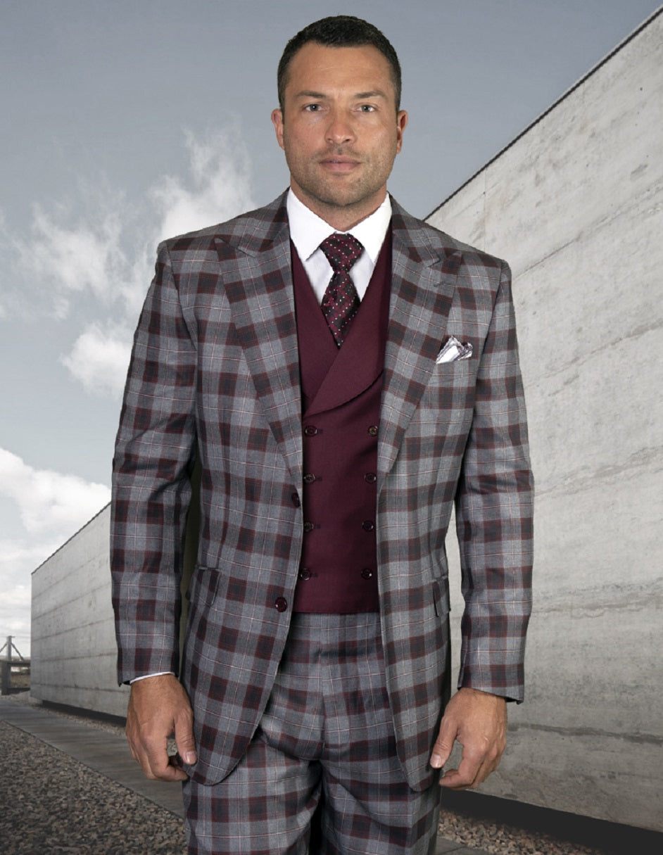 Mens 2 Button Peak Lapel Wool Suit with Double Breasted Vest in Burgundy Plaid - Men's Tuxedo USA