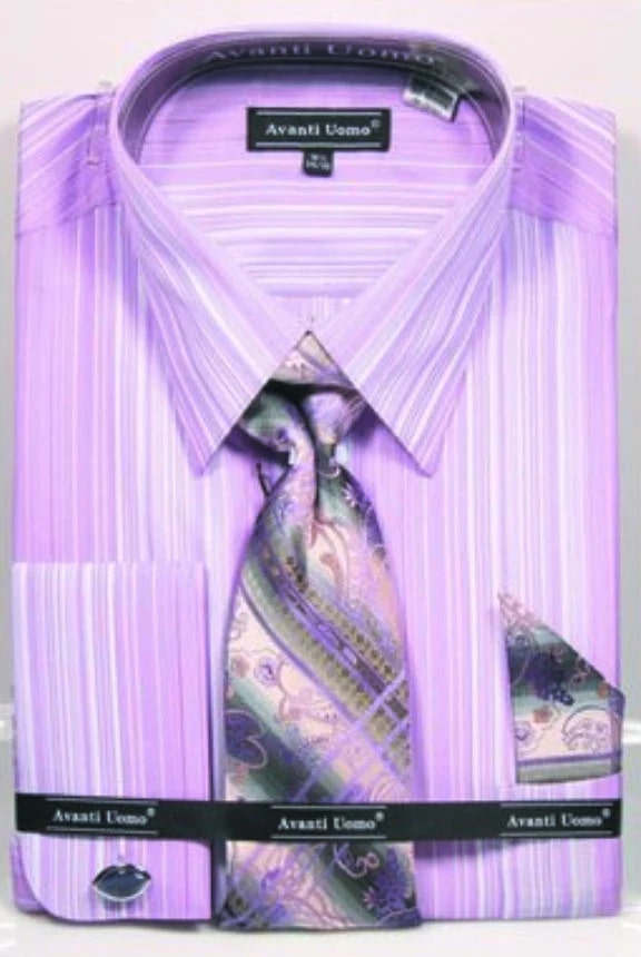 Men's French Cuff Contrast Collar Circle Print Dress Shirt & Tie Set in Black & Lilac Lavender - Men's Tuxedo USA