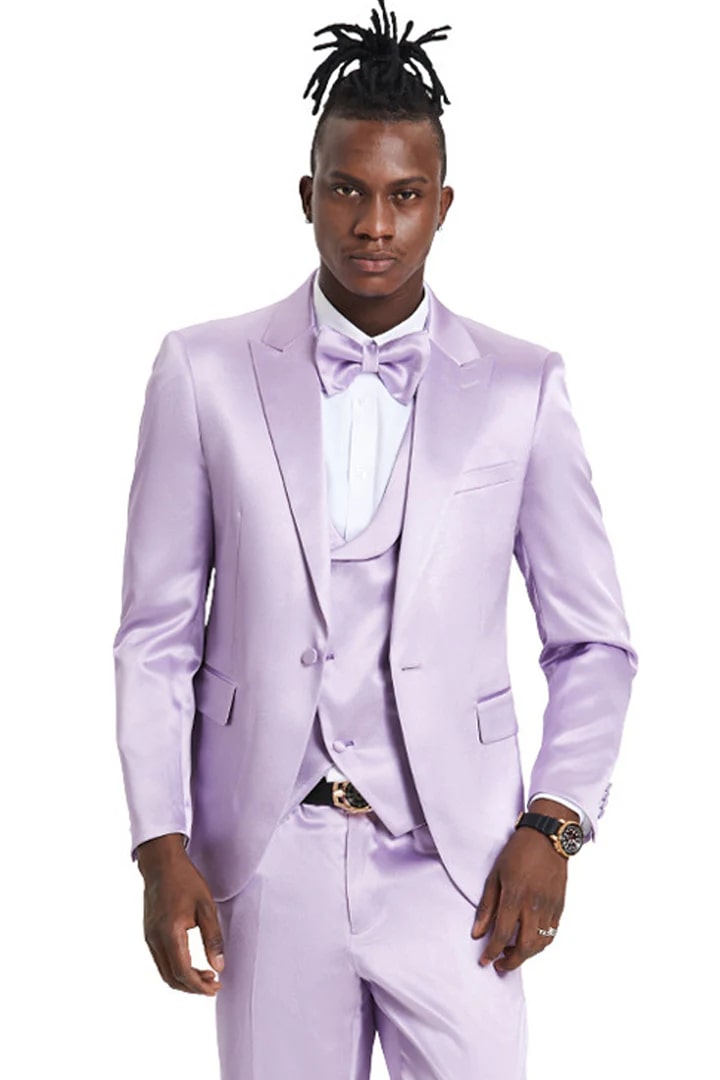 Men's One Button Vested Shiny Satin Sharkskin Prom & Wedding Lavender Party Suit - Men's Tuxedo USA