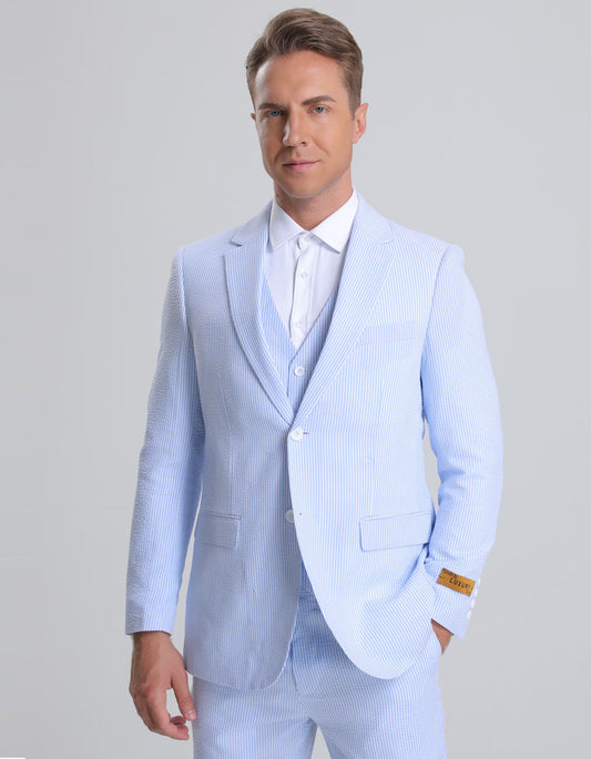 Mens Vested Summer Seersucker Suit in Blue Pinstripe - Men's Tuxedo USA