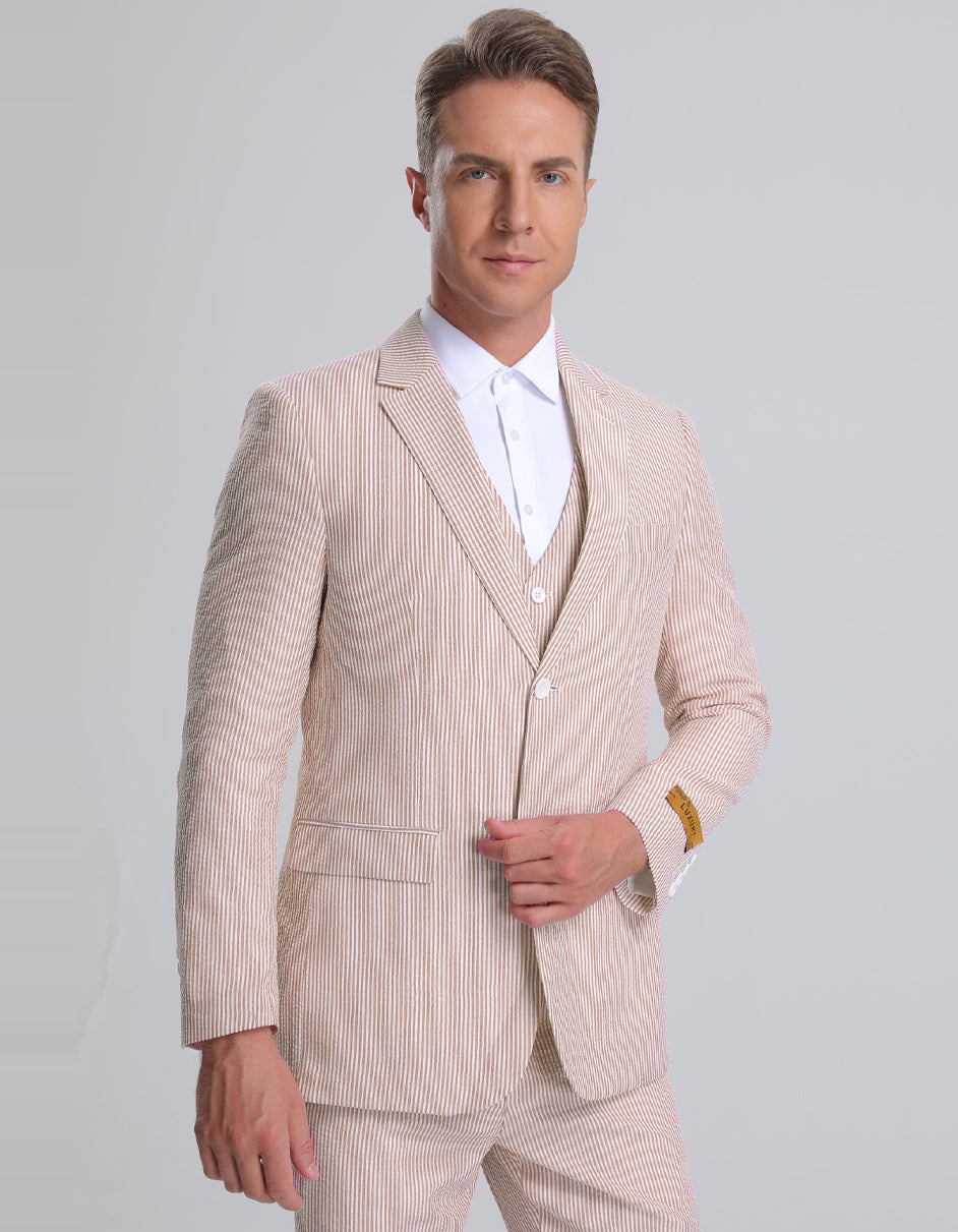 Mens Vested Summer Seersucker Suit in Tan Pinstripe - Men's Tuxedo USA