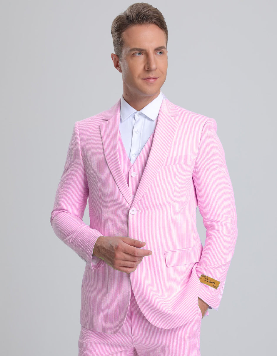 Mens Vested Summer Seersucker Suit in Pink Pinstripe - Men's Tuxedo USA