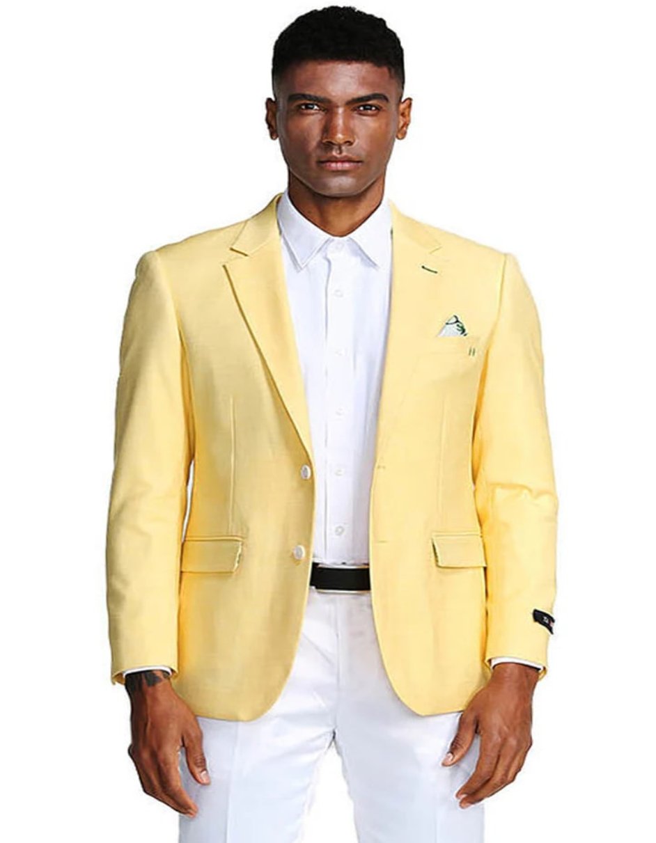 Men's Two Button Slim Fit Linen Style Lemon Yellow Summer Blazer - Men's Tuxedo USA