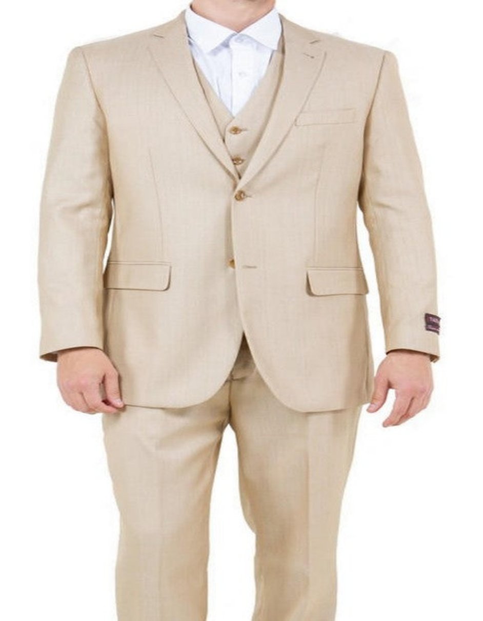 Mens Sharkskin 3 Piece Single Breasted Suit Light Beige - Men's Tuxedo USA