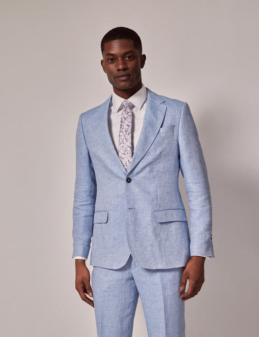 Mens Linen Suit For Beach Wedding - Summer  Suit in Light Blue Herringbone - Men's Tuxedo USA