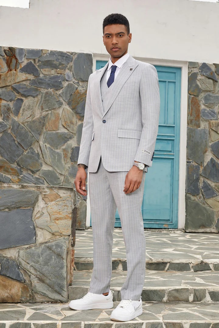 Light Grey Suit - Silver Gray Suit For Wedding - Men's Stacy Adams Vested One Button Peak Lapel Light Grey Pinstripe Suit - Men's Tuxedo USA