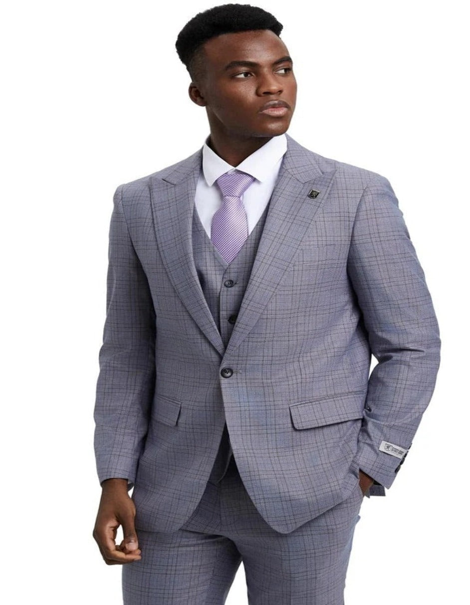 Light Grey Suit - Silver Gray Suit For Wedding - Men's Stacy Adams Vested One Button Wide Peak Lapel Windowpane Light Grey Plaid Suit - Men's Tuxedo USA