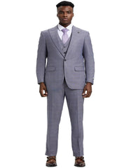 Light Grey Suit - Silver Gray Suit For Wedding - Men's Stacy Adams Vested One Button Wide Peak Lapel Windowpane Light Grey Plaid Suit - Men's Tuxedo USA