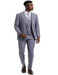 Light Grey Suit - Silver Gray Suit For Wedding - Men's Stacy Adams Vested One Button Wide Peak Lapel Windowpane Light Grey Plaid Suit - Men's Tuxedo USA