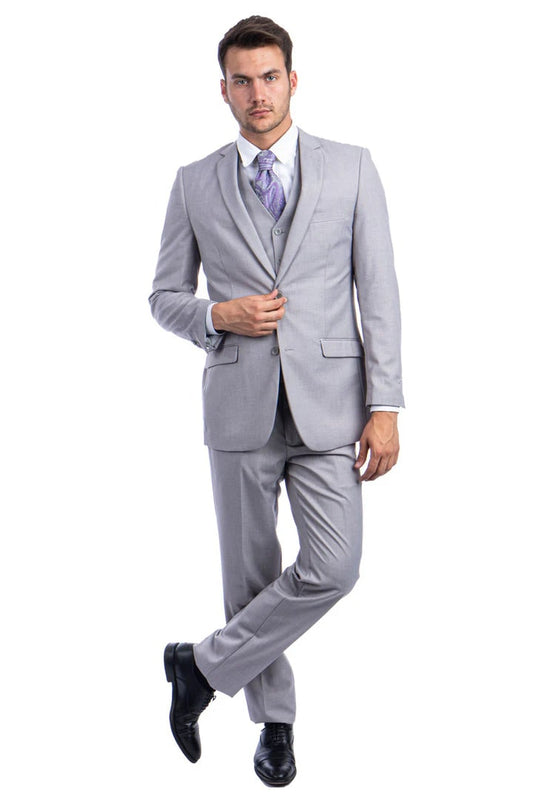 Light Grey Suit - Silver Gray Suit For Wedding - Men's two Button Basic Hybrid Fit Light Grey Vested Suit - Men's Tuxedo USA