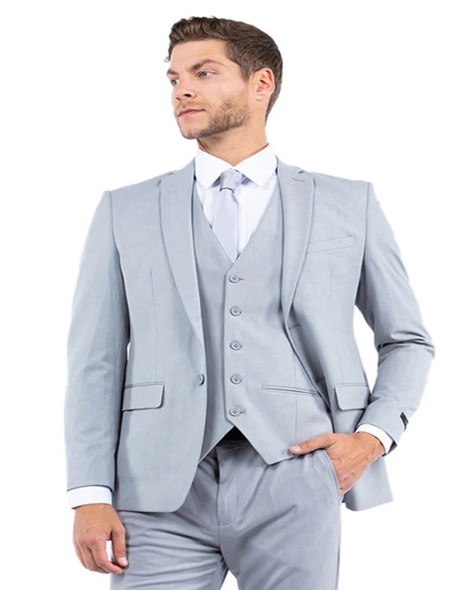 Light Grey Suit - Silver Gray Suit For Wedding - Men's Two Button Peak Lapel Summer Linen Style Beach Light Grey Wedding Suit - Men's Tuxedo USA