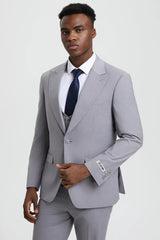 Light Grey Suit - Silver Gray Suit For Wedding - Men's Vested One Button Peak Lapel Stacy Adams Light Grey Designer Suit - Men's Tuxedo USA