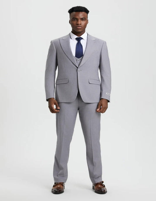 Light Grey Suit - Silver Gray Suit For Wedding - Men's Vested One Button Peak Lapel Stacy Adams Light Grey Designer Suit - Men's Tuxedo USA