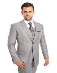 Light Grey Suit - Silver Gray Suit For Wedding - Men's Two Button Vested Textured Sharkskin Light Grey Business Suit - Men's Tuxedo USA