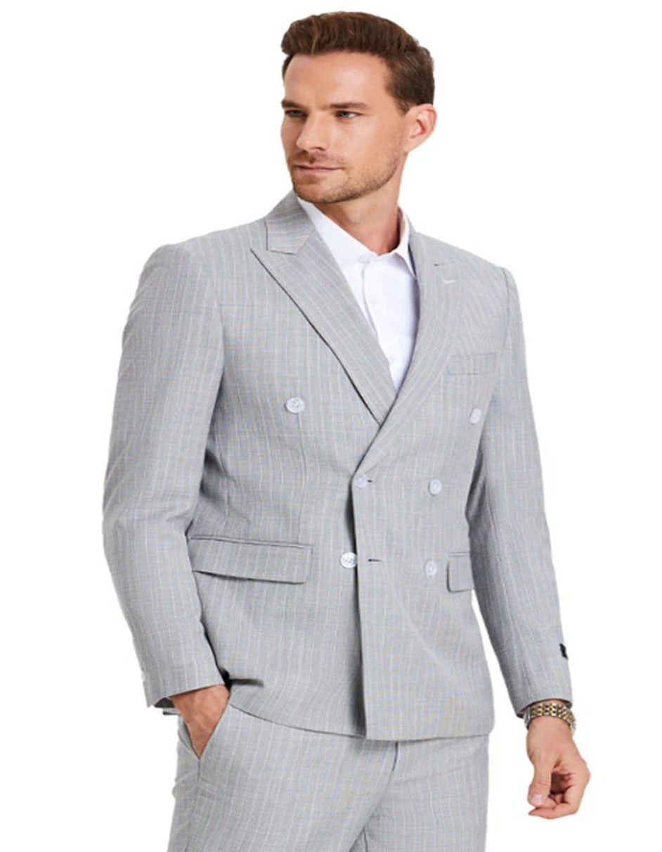 Light Grey Suit - Silver Gray Suit For Wedding - Men's Slim Fit Double Breasted Summer Pastel Light Grey Pinstripe Suit - Men's Tuxedo USA