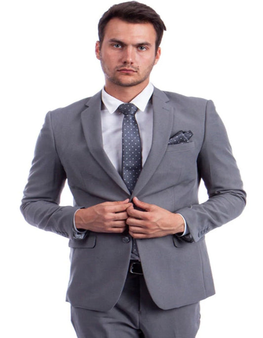 Light Grey Suit - Silver Gray Suit For Wedding - Men's Two Button Hybrid Fit Basic Business Light Grey Suit - Men's Tuxedo USA