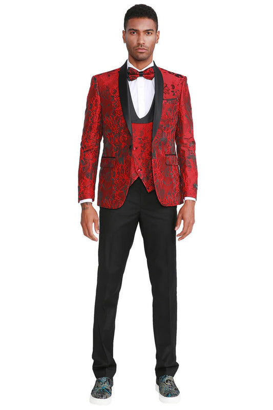 Men's Slim Fit One Button Vested Paisely Shawl Lapel Prom Tuxedo In  Red - Men's Tuxedo USA