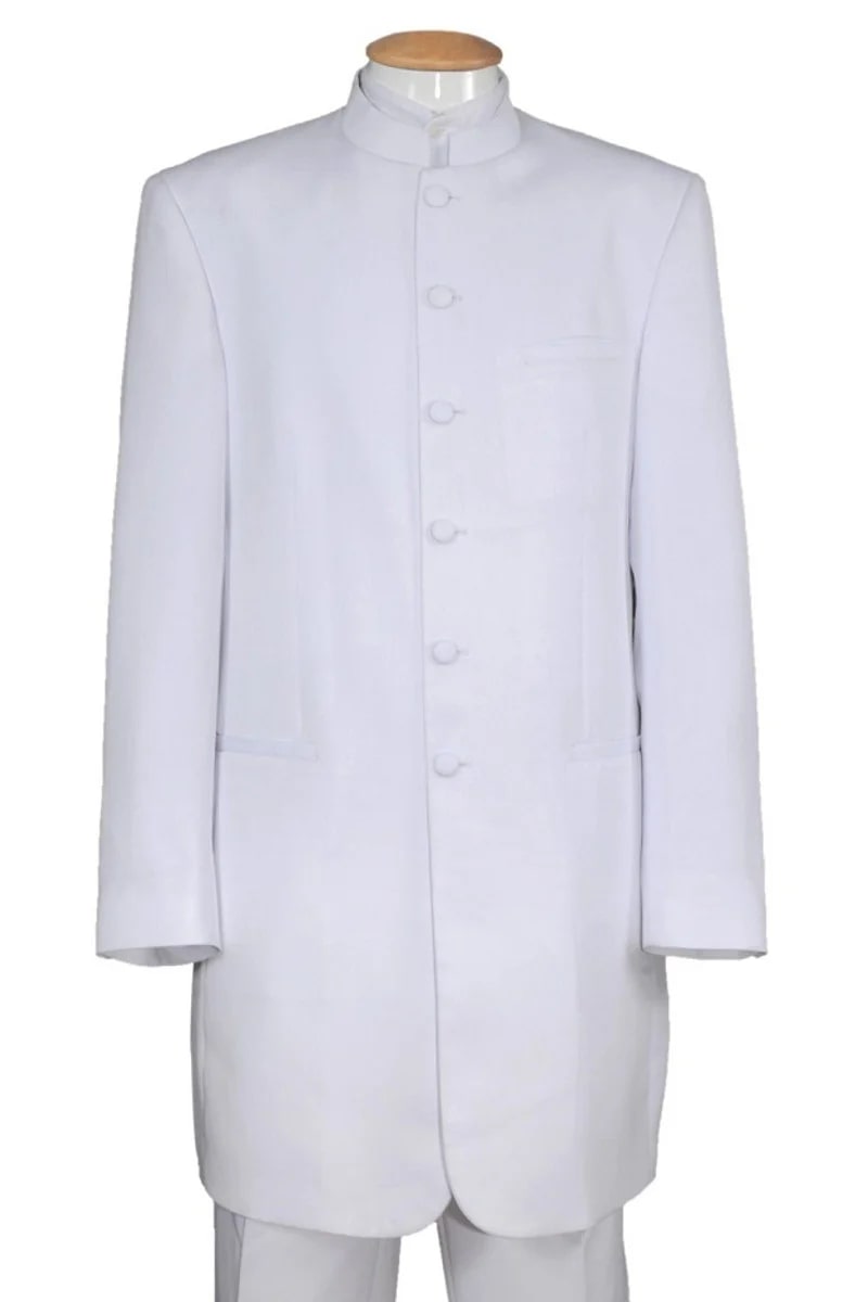 Mens Long Mandarin Collar Zoot Suit Tuxedo in White - Men's Tuxedo USA