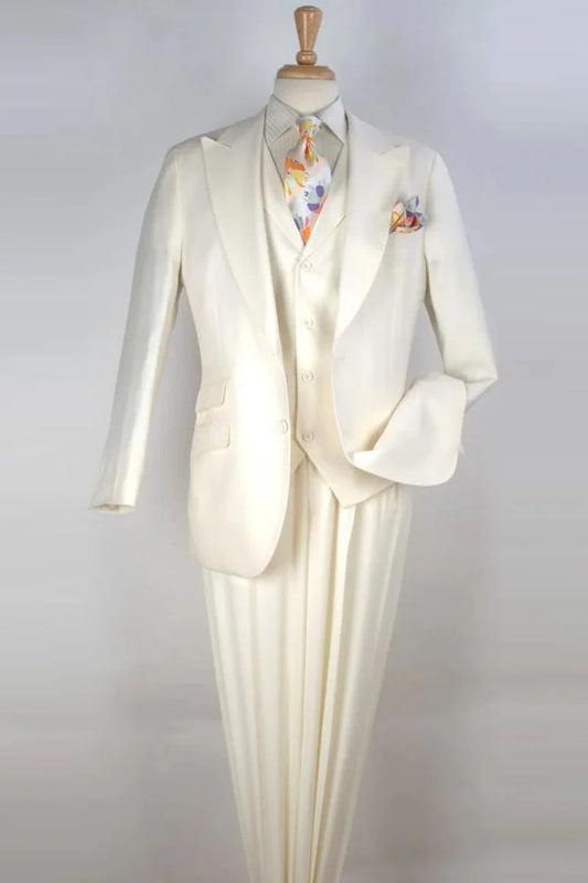 Mens White Wide Peak Lapel Vested Suit in Super 150's Merino Wool - Men's Tuxedo USA