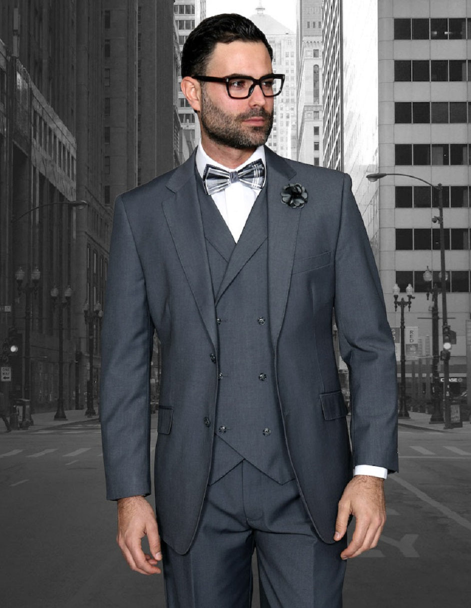 Mens 2 Button Classic Fit Pleated Pant Suit with Double Breasted Vest in Charcoal Grey - Men's Tuxedo USA