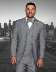 Mens 2 Button Classic Fit Pleated Pant Suit with Double Breasted Vest in Grey - Men's Tuxedo USA