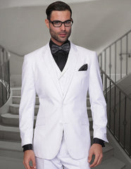 Mens 2 Button Classic Fit Pleated Pant Suit with Double Breasted Vest in White - Men's Tuxedo USA