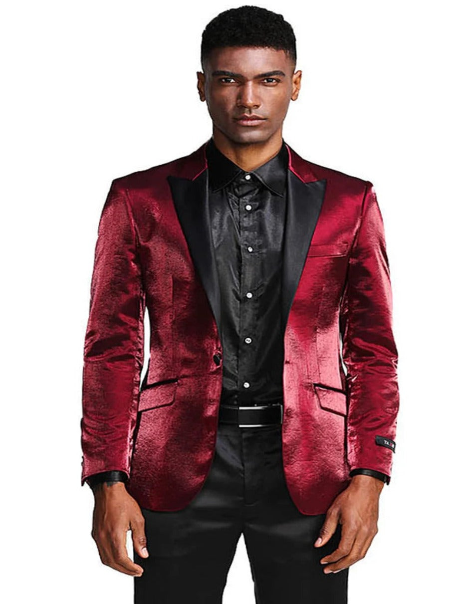 Men's Slim Fit Shiny Satin Prom & Wedding Tuxedo Jacket In Burgundy - Men's Tuxedo USA