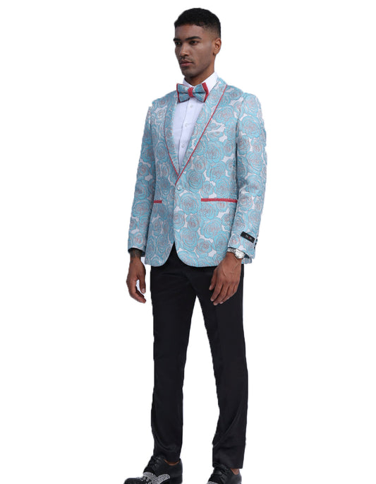 Mens Empire Sky Blue Sparkle Prom Blazer with Red Trim - Men's Tuxedo USA