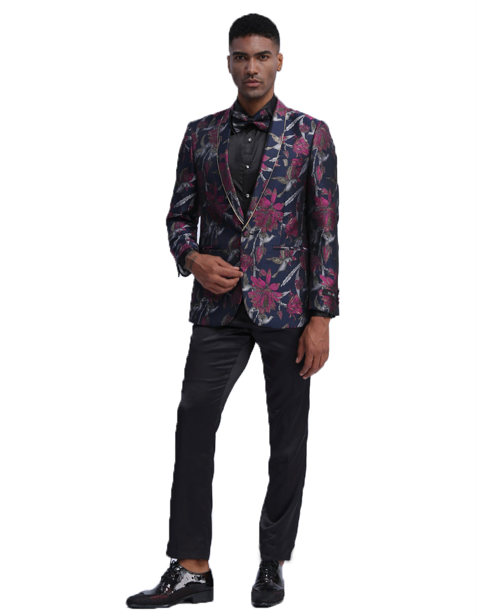 Mens Empire Navy Blue & Fuschia Floral Prom Tuxedo Jacket - Men's Tuxedo USA