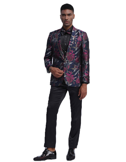 Mens Empire Navy Blue & Fuschia Floral Prom Tuxedo Jacket - Men's Tuxedo USA