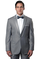 Mens Gray Tuxedo - Grey Wedding Suit-Mens  Skinny Fit  One Button Satin Trim Peak Lapel Prom & Wedding Tuxedo  In Grey - Men's Tuxedo USA