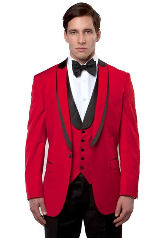 Men's One Button Satin Trimmed Peak Lapel Vested Fancy Tuxedo In Red - Men's Tuxedo USA