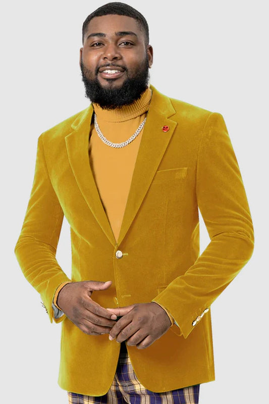 Mens Blazer - Cheap Priced Mens Sport Coat - Mens Two Button Modern Fit Velvet Blazer In Mustard - Men's Tuxedo USA