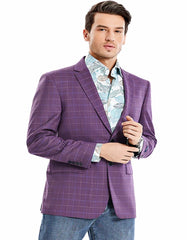 Men's Two Button Regular Fit Windowpane Magenta Plaid Sport Coat Blazer - Men's Tuxedo USA