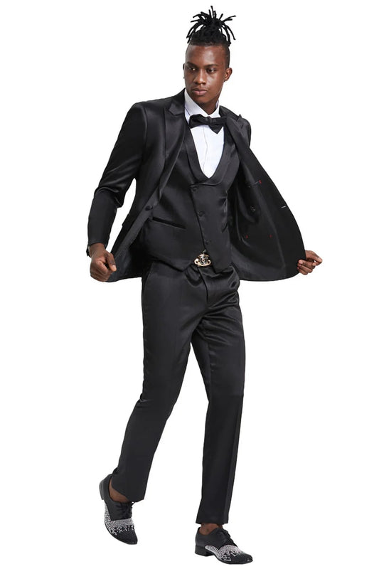 Men's One Button Vested Shiny Satin Sharkskin Prom & Wedding Party Suit In Black - Men's Tuxedo USA