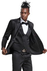 Men's One Button Vested Shiny Satin Sharkskin Prom & Wedding Party Suit In Black - Men's Tuxedo USA