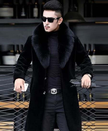 Men Long Faux Fur Coat Black - Men's Tuxedo USA