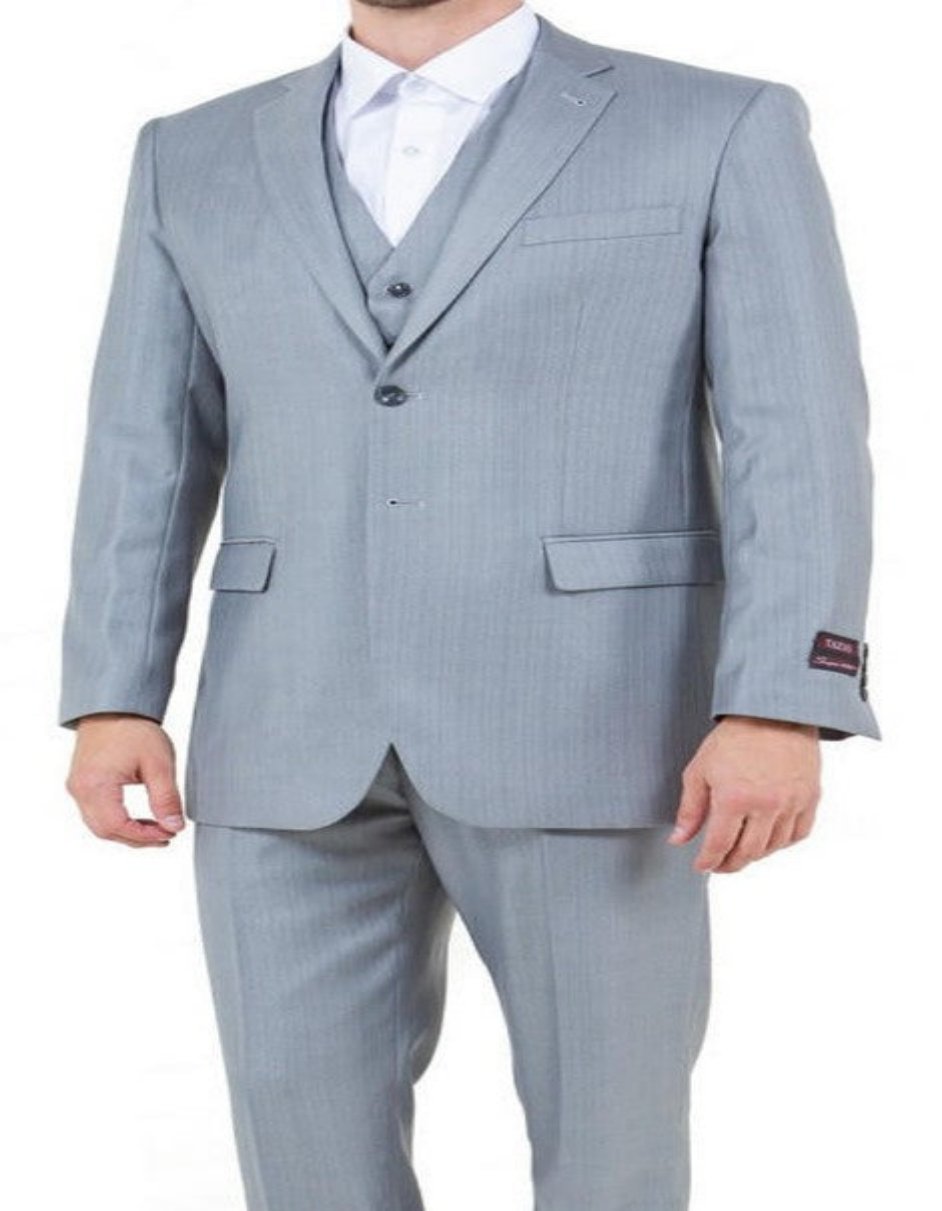 Mens Light Gray Sharkskin 3 Piece Regular Fit Side Vent Suit - Men's Tuxedo USA