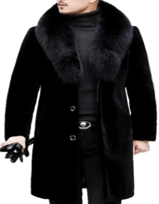 Men Long Faux Fur Coat Black - Men's Tuxedo USA