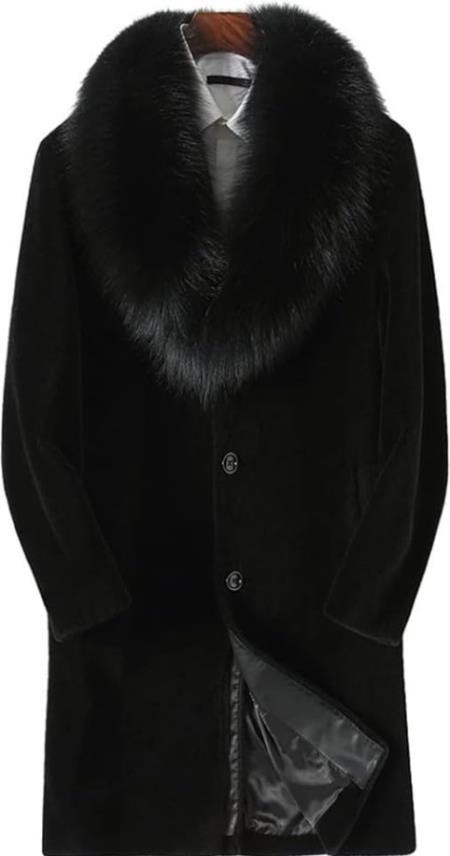 Men Long Faux Fur Coat Black - Men's Tuxedo USA