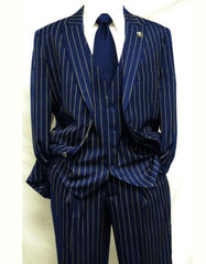 Men's Dark Navy Blue ~ White Mars Vested Peak Lapel Gangster Bold PinStripe Suit - Men's Tuxedo USA