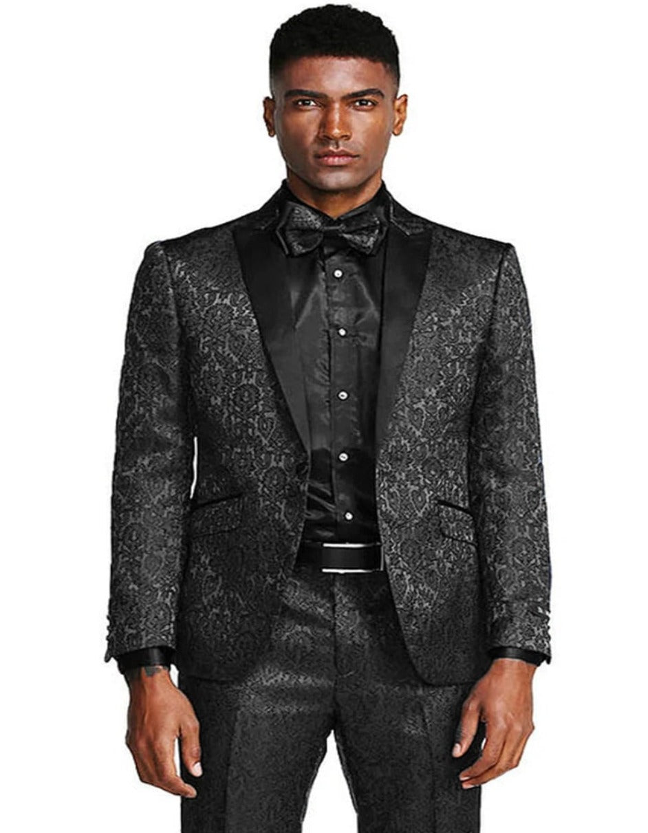 Men's One Button Slim Fit Paisley Wedding & Prom Tuxedo in Black - Men's Tuxedo USA