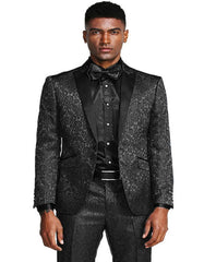 Men's One Button Slim Fit Paisley Wedding & Prom Tuxedo in Black - Men's Tuxedo USA