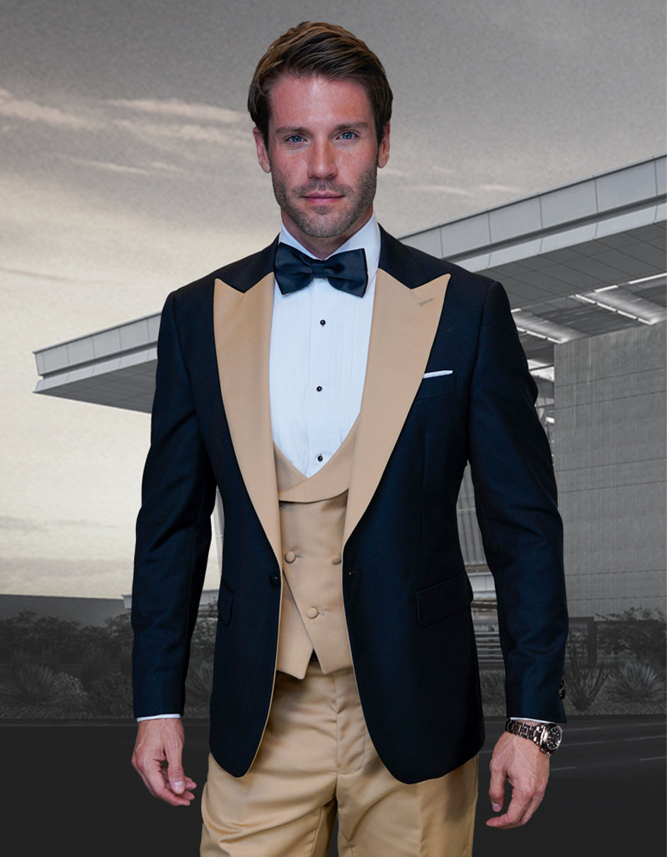 Mens Wool Vested Wide Contrast Peak Wedding Gold Tuxedo - Men's Tuxedo USA