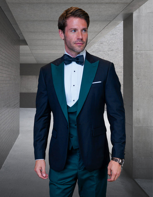 Mens Wool Vested Wide Contrast Peak Wedding Black and Hunter Green Tuxedo - Men's Tuxedo USA