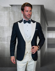 Mens Wool Vested Wide Contrast Peak Black and Ivory Wedding Tuxedo - Men's Tuxedo USA