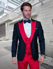 Mens Wool Vested Wide Contrast Peak Black and Red Wedding Tuxedo - Men's Tuxedo USA