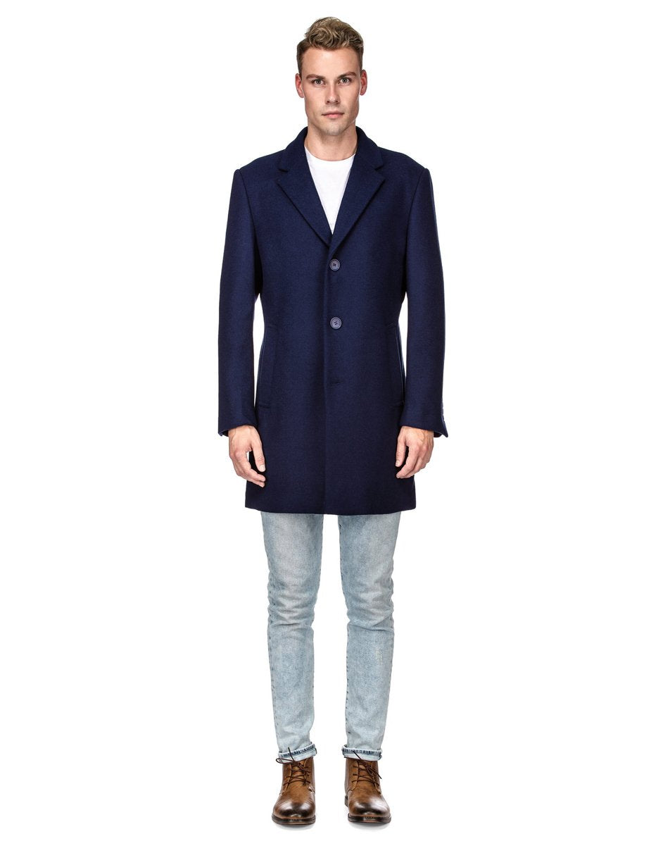 Mens Modern 3 Button Wool Car Coat in Navy Blue