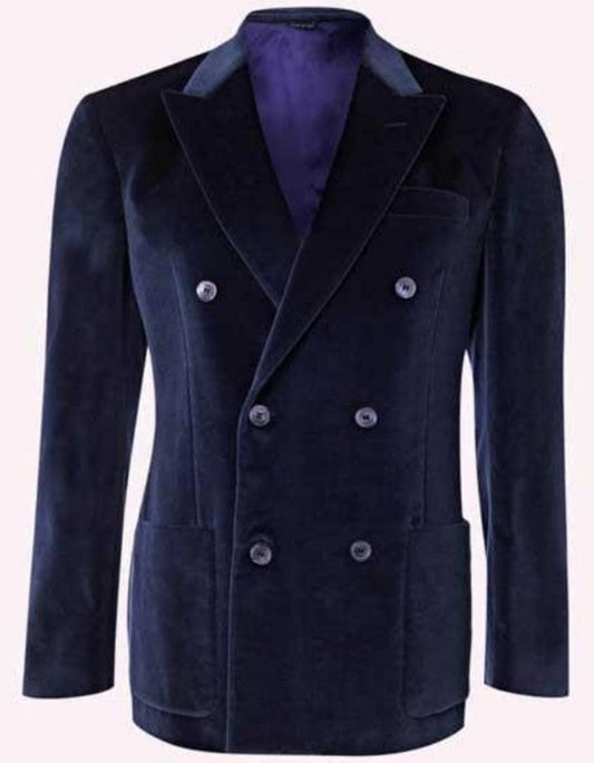 Mens 6 Buttons Double Breasted Velvet Blazer - Navy Blue Blazer